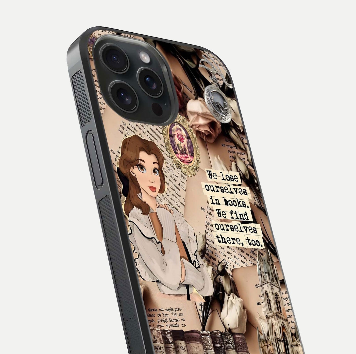 Bookish Dream World Glass Case for iPhone 15 Pro close-up shot highlighting book elements and reflection gloss