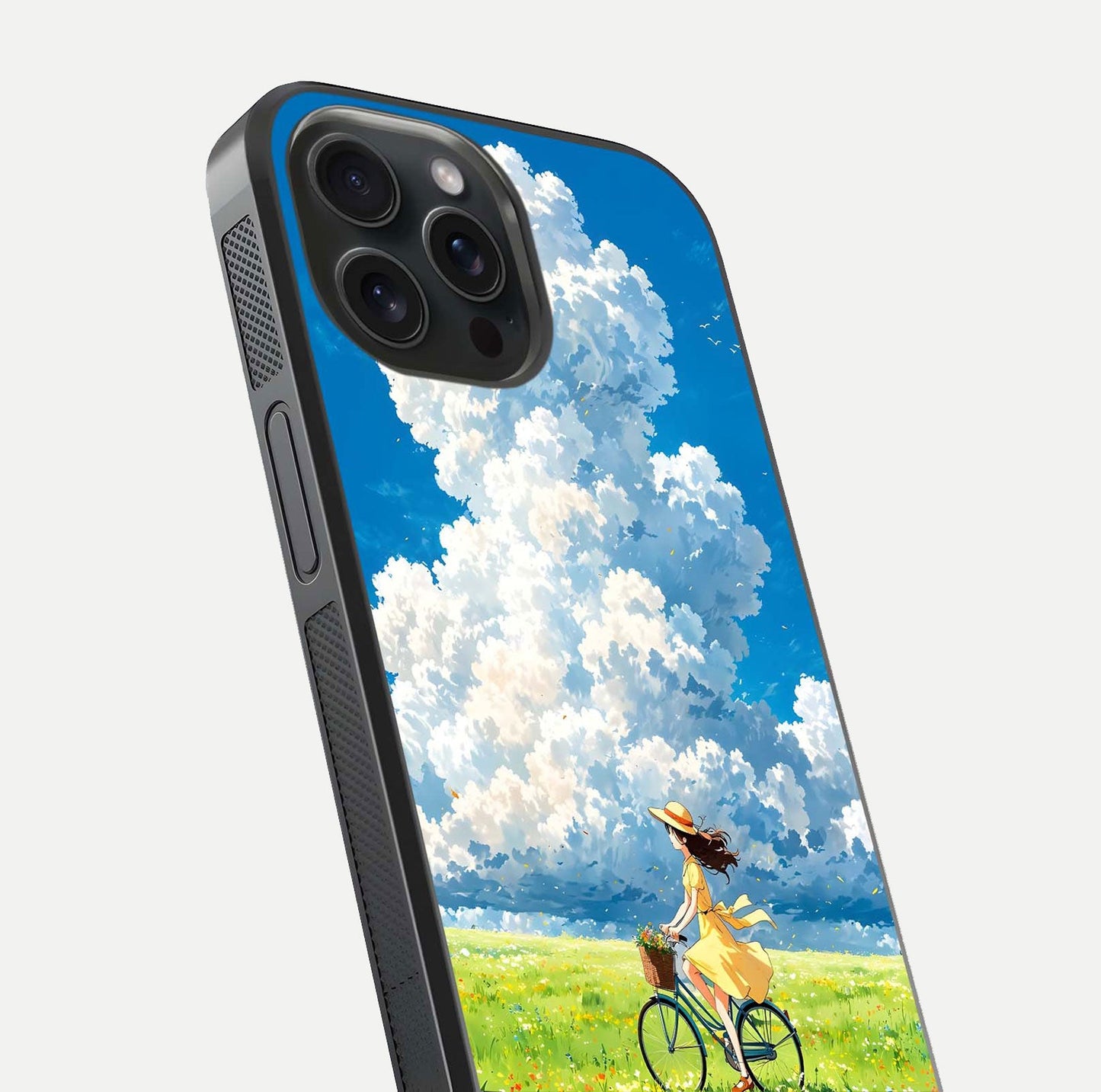 Breezy Meadow Ride Glass Case for iPhone 15 Pro close-up shot showing flowers and breezy motion texture