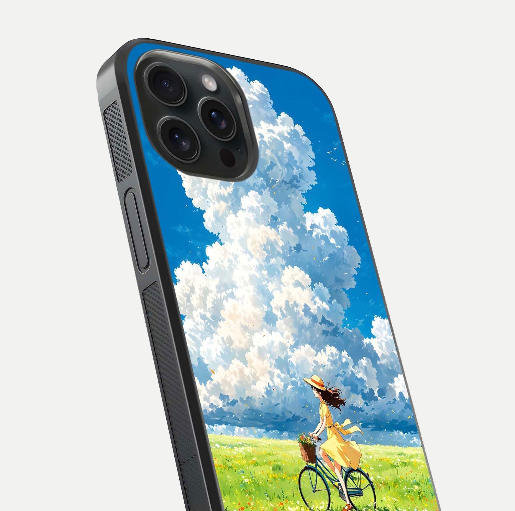 Breezy Meadow Ride Glass Case for iPhone 15 Pro close-up shot showing flowers and breezy motion texture