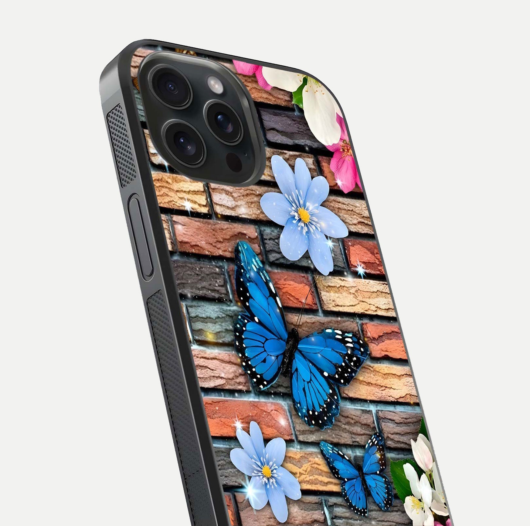 Brick Bloom Flight Glass Case for iPhone 15 Pro close-up angle highlighting flower clusters and reflection detail