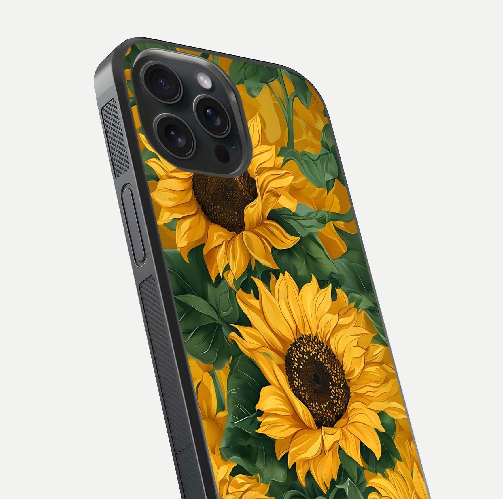 Bright Sunflower Bloom Glass Case for iPhone 15 Pro close-up image highlighting yellow petal detail and HD reflection