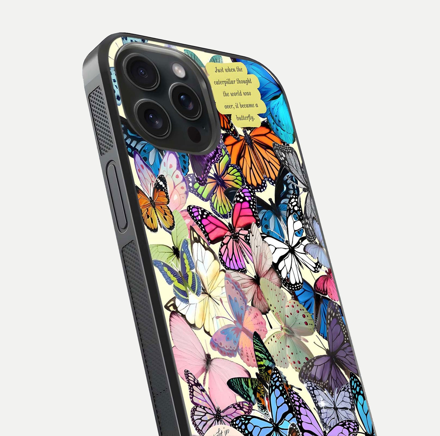 Butterflies Petal Dream Glass Case for iPhone 15 Pro close-up highlighting butterfly wings and pink petal gloss