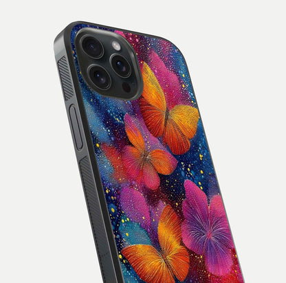Butterfly Dream Mist Glass Case for iPhone 15 Pro close-up capturing wing pattern detail and glossy finish texture