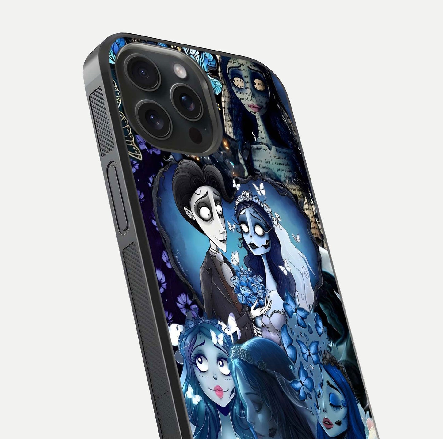 Butterfly Ghost Soul Glass Case for iPhone 15 Pro close-up shot showing ethereal wing patterns and reflection