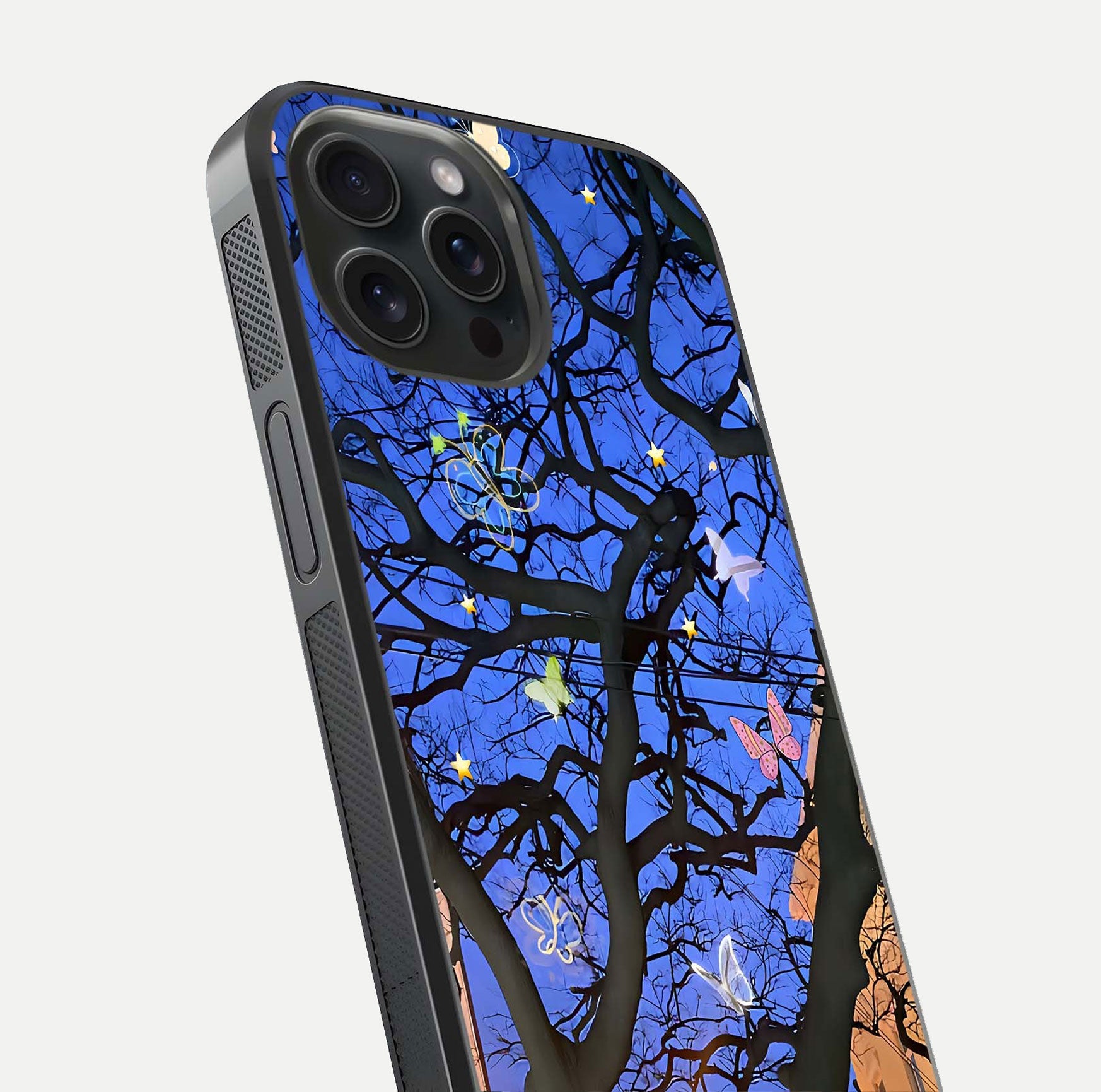Butterfly Night Magic Glass Case for iPhone 15 Pro close-up highlighting wings reflection and gloss shimmer