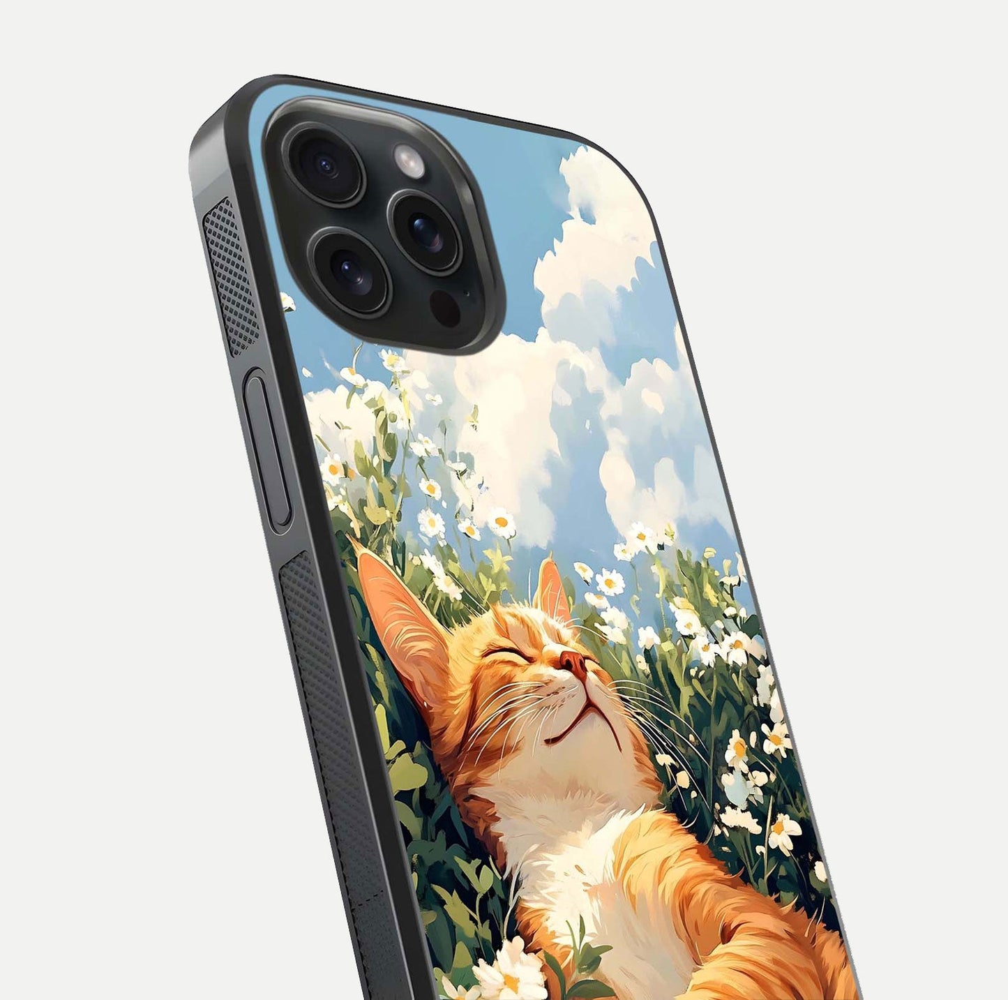 Cat & Flowers View Glass Case for iPhone 15 Pro close-up view highlighting cat expression and petal detail