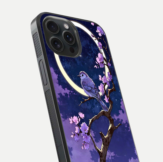 Celestial Bird Blossom Glass Case for iPhone 15 Pro close-up capturing bird detail, petal reflection, and gloss shine