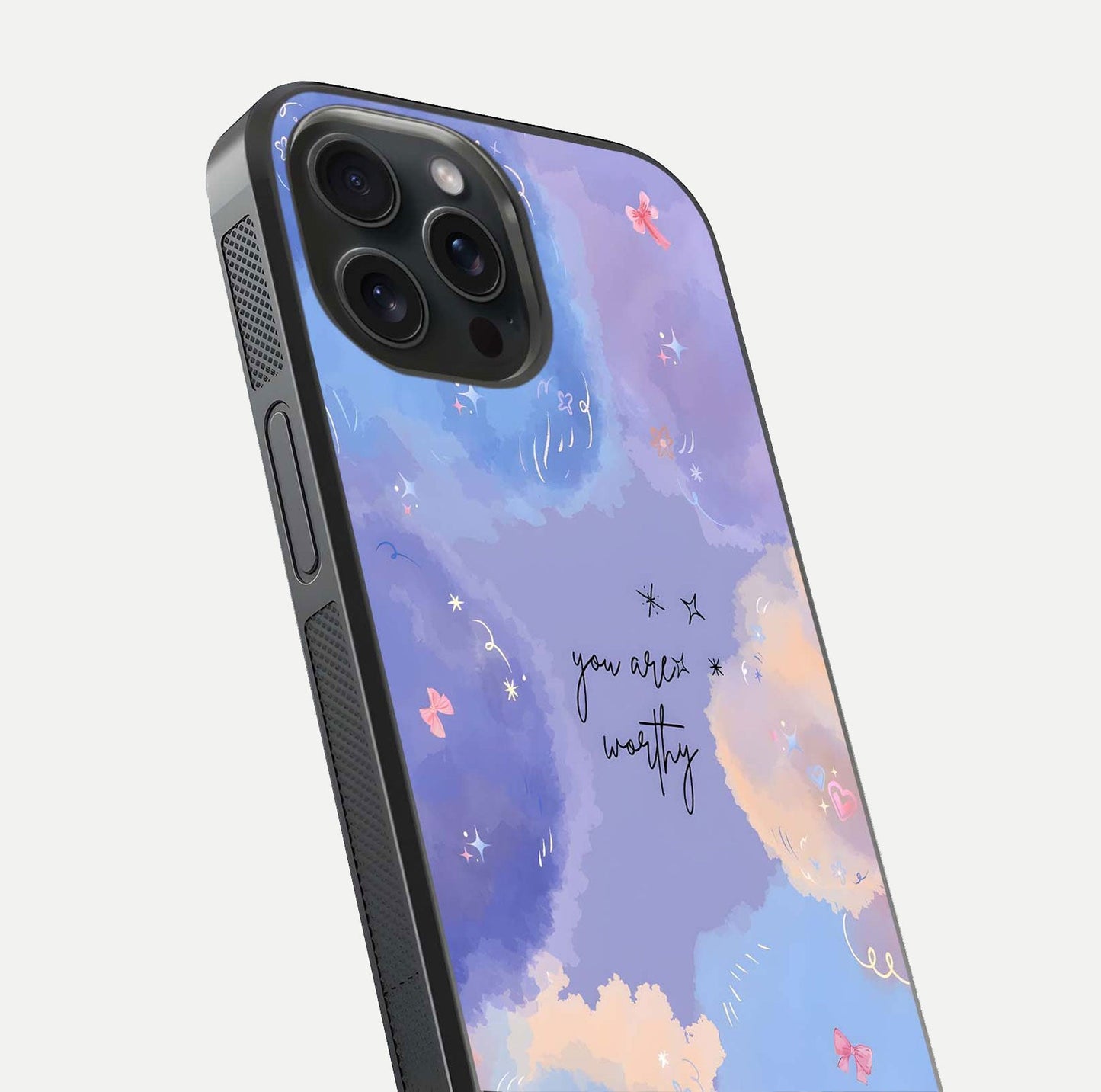 Celestial Cloud Magic Glass Case for iPhone 15 Pro close-up highlighting smooth gradient and gloss surface