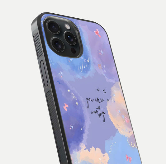 Celestial Cloud Magic Glass Case for iPhone 15 Pro close-up highlighting smooth gradient and gloss surface