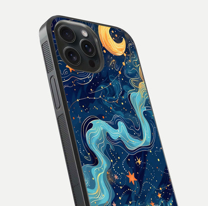 Celestial Dream Flow Glass Case for iPhone 15 Pro close-up highlighting star reflections and smooth glow gradient