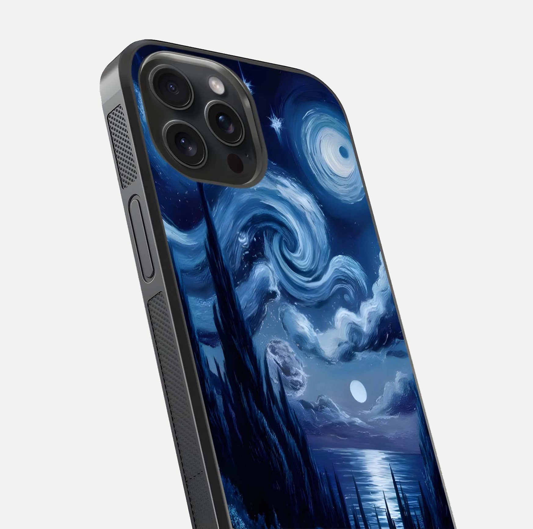 Celestial Dream Van Gogh Glass Case for iPhone 15 Pro close-up view capturing vivid brush details and star reflection