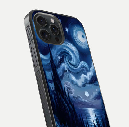 Celestial Dream Van Gogh Glass Case for iPhone 15 Pro close-up view capturing vivid brush details and star reflection