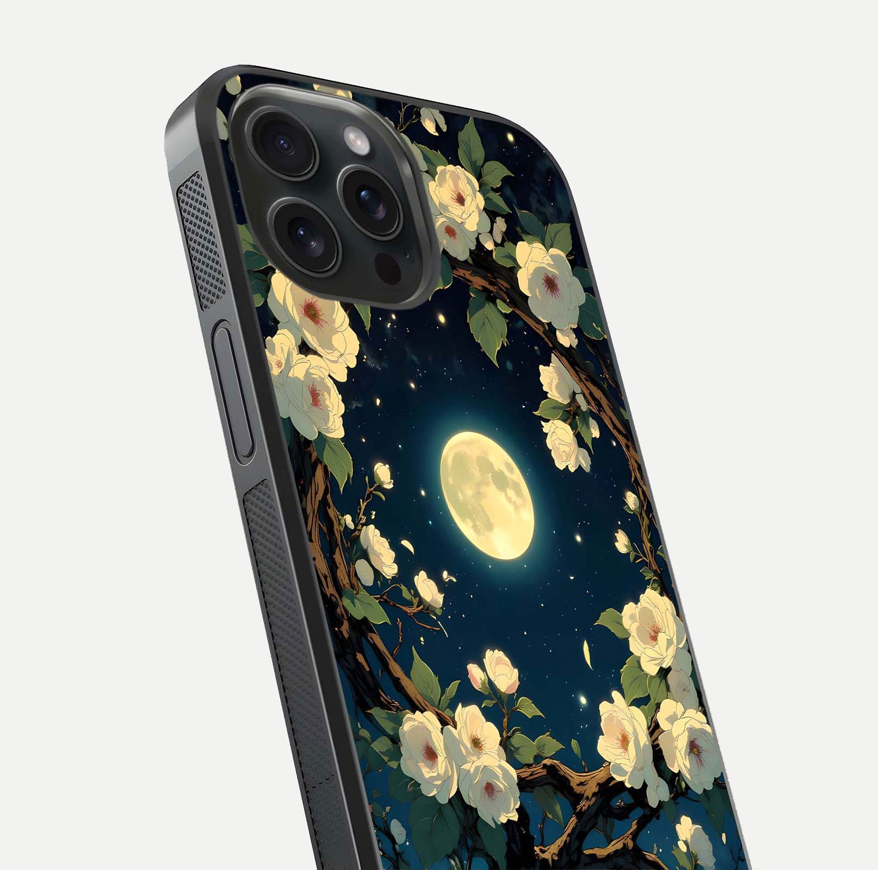 Celestial Moon & Flower Glass Case for iPhone 15 Pro close-up capturing petal reflection and moonlight contrast