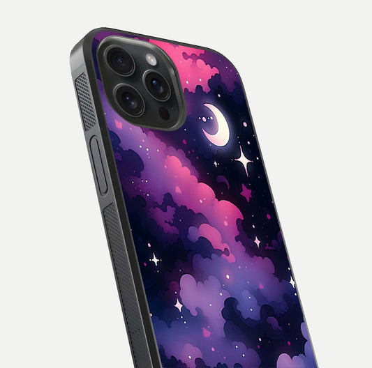 Celestial Moon Magic Glass Case for iPhone 15 Pro close-up view highlighting moon crater detail and glass shine