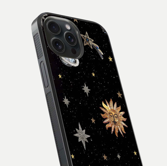 Celestial Moon With Stars Glass Case for iPhone 15 Pro close-up showing cosmic reflection and HD shine