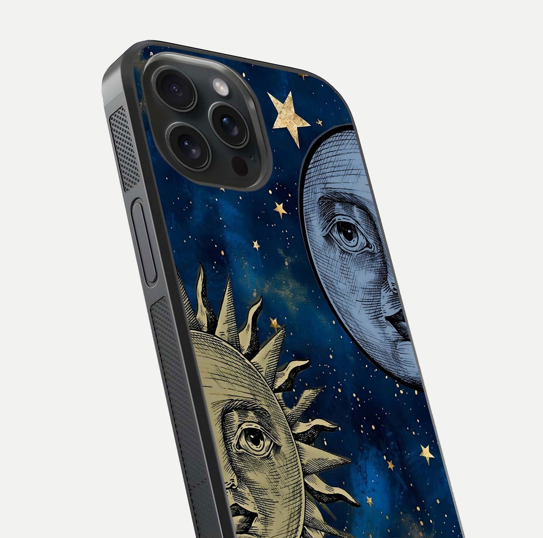 Celestial Moon With Sun Glass Case for iPhone 15 Pro close-up highlighting fine celestial detail and polish reflection