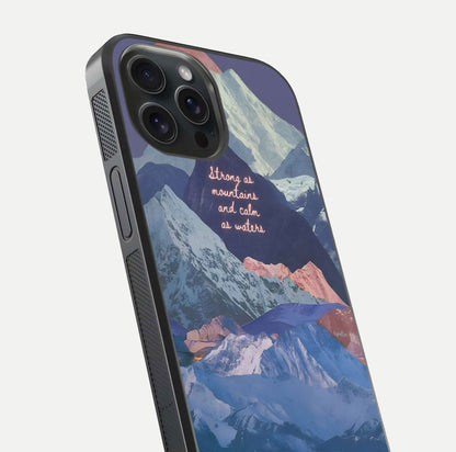 Celestial Mountain Calm Glass Case for iPhone 15 Pro close-up showing peak reflection and HD gloss texture