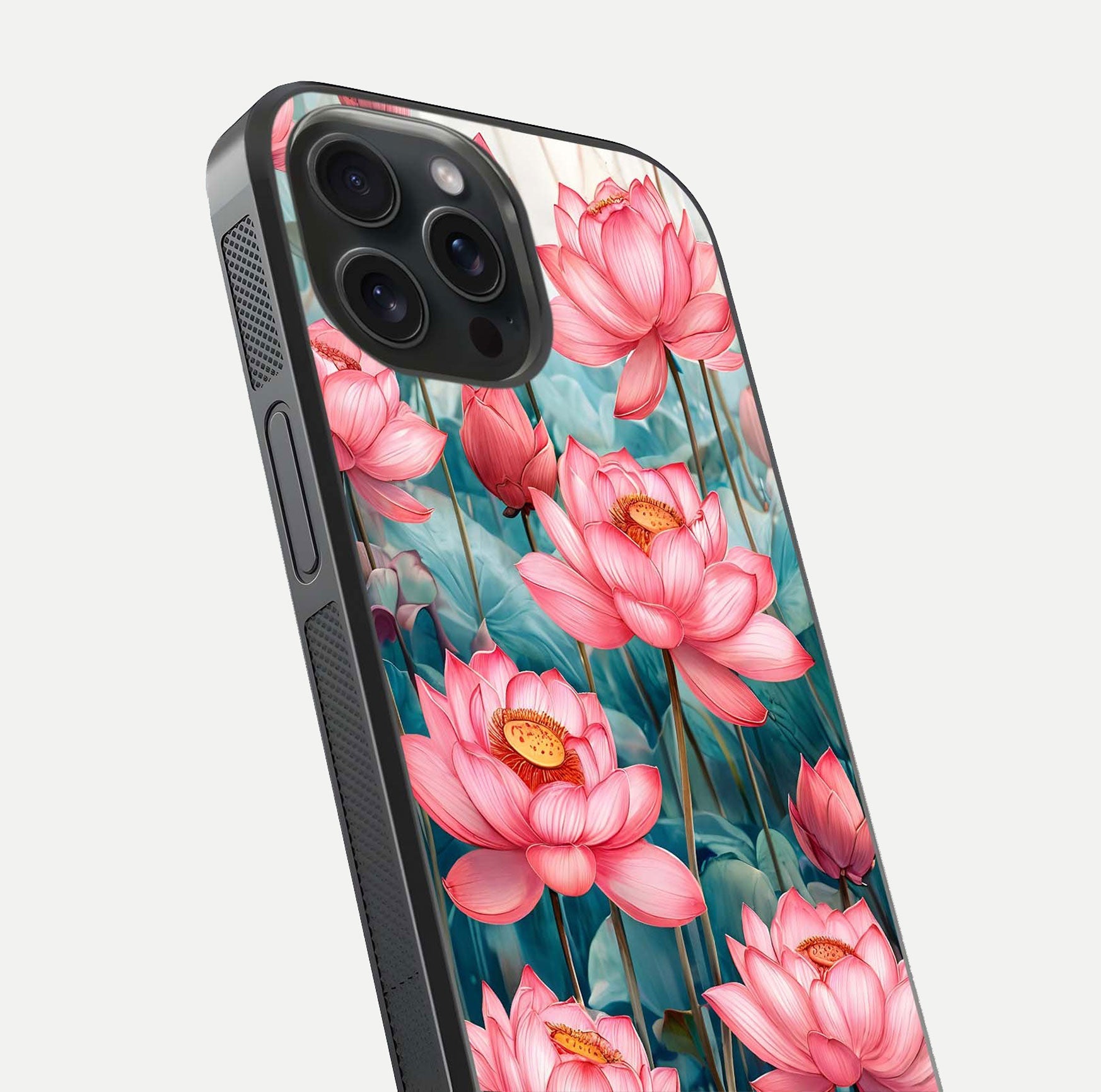 Celestial Pink Lotus Glass Case for iPhone 15 Pro close-up highlighting petal detail and HD glass reflection