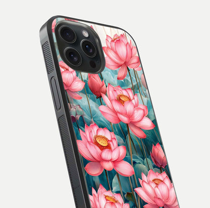 Celestial Pink Lotus Glass Case for iPhone 15 Pro close-up highlighting petal detail and HD glass reflection