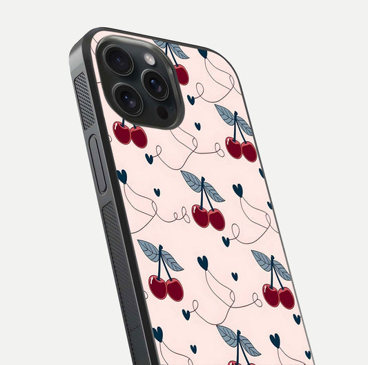 Cherry Heart Line Glass Case for iPhone 15 Pro close-up showing heart outline and HD reflection gloss