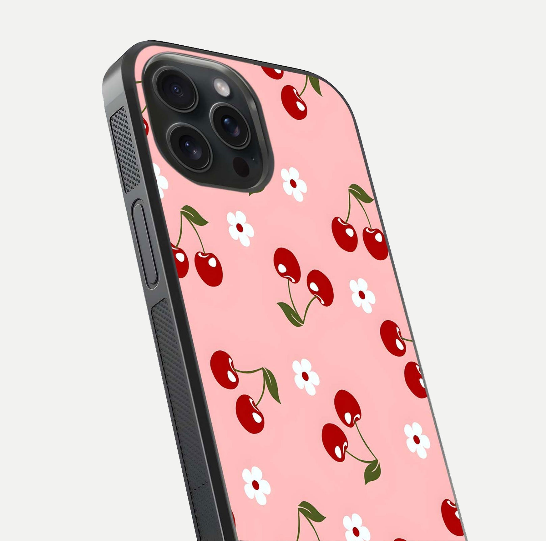 Cherry Love Mood Glass Case for iPhone 15 Pro close-up highlighting cherry heart pattern and reflection shine