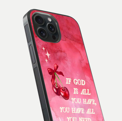 Cherry Quote Glass Case for iPhone 15 Pro close-up showing printed quote detail and HD reflection gloss