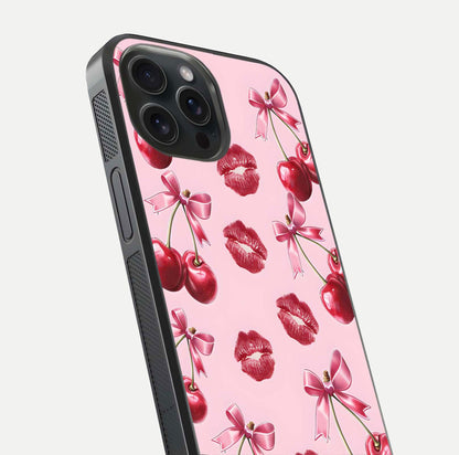 Cherry With Lips Glass Case for iPhone 15 Pro close-up view highlighting lips texture and reflection shine