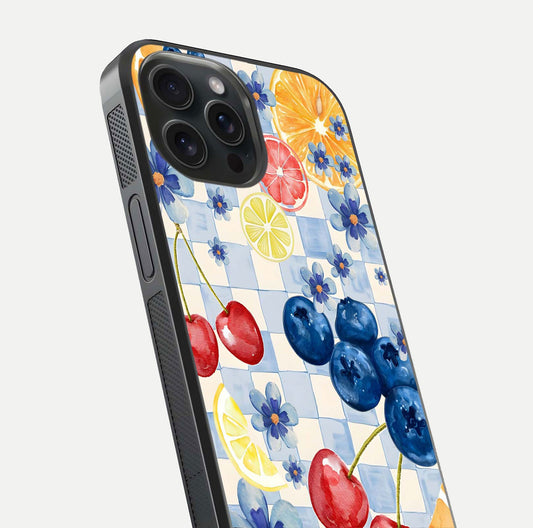 Citrus Bloom Joy Glass Case for iPhone 15 Pro close-up highlighting orange blossoms and reflection detail