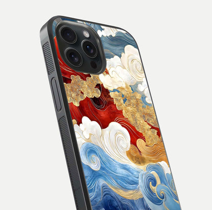 Colored Waves Glass Case for iPhone 15 Pro close-up angled shot highlighting gradient flow and light reflection