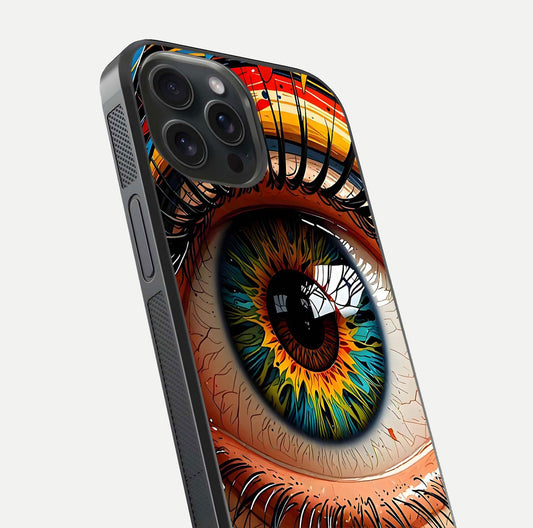 Colorful Eye Glass Case for iPhone 15 Pro close-up highlighting eye pattern detail and reflection shine