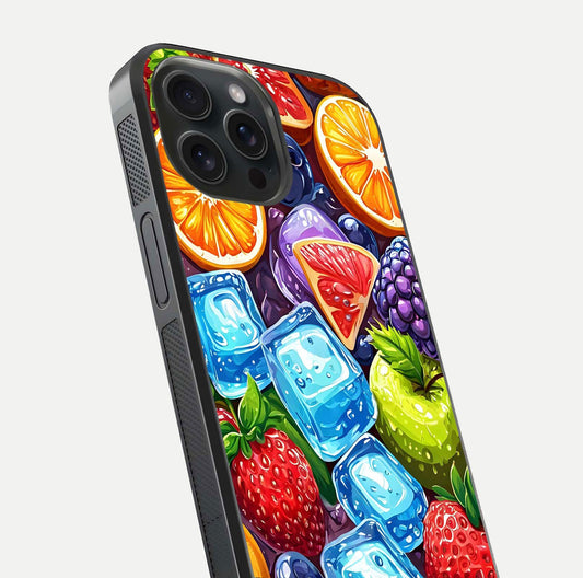 Colorful Fruits with Ice Glass Case for iPhone 15 Pro close-up highlighting fruit color and reflection glow