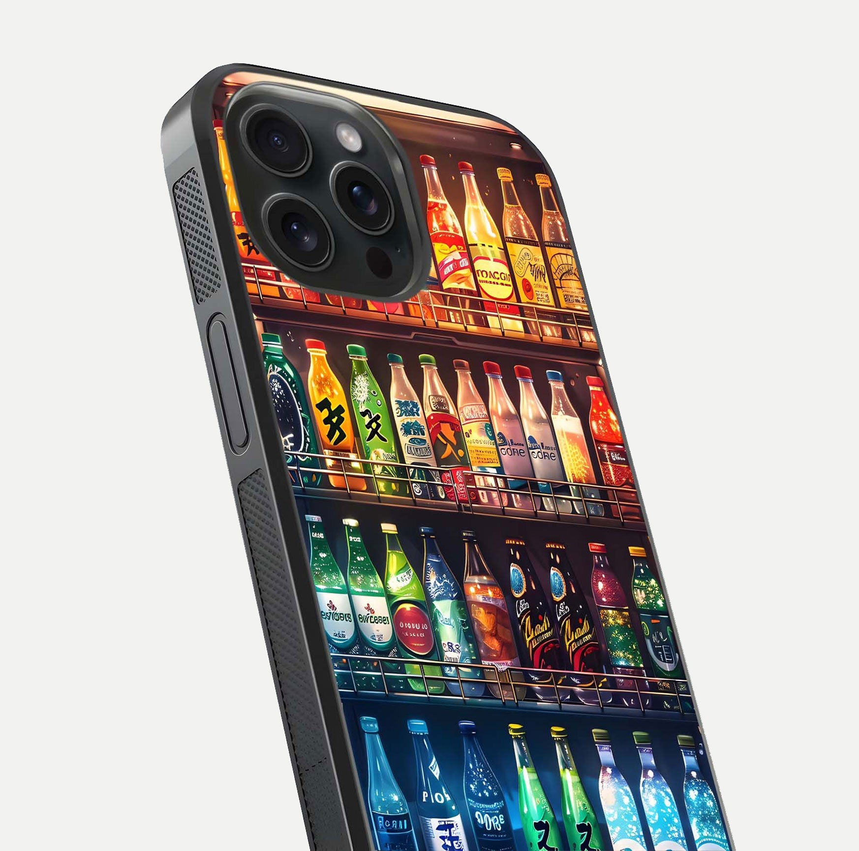 Colorful Soda Bottles Glass Case for iPhone 15 Pro close-up showing colorful bottles and HD reflection