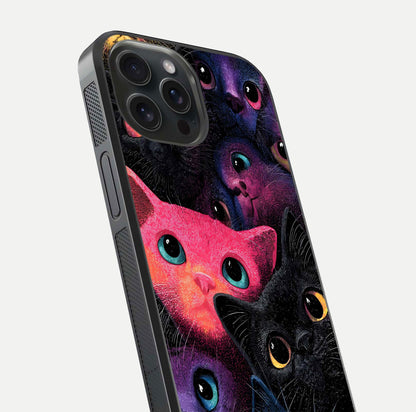 Cosmic Cats Dreams Glass Case for iPhone 15 Pro close-up highlighting cats and cosmic glow reflection