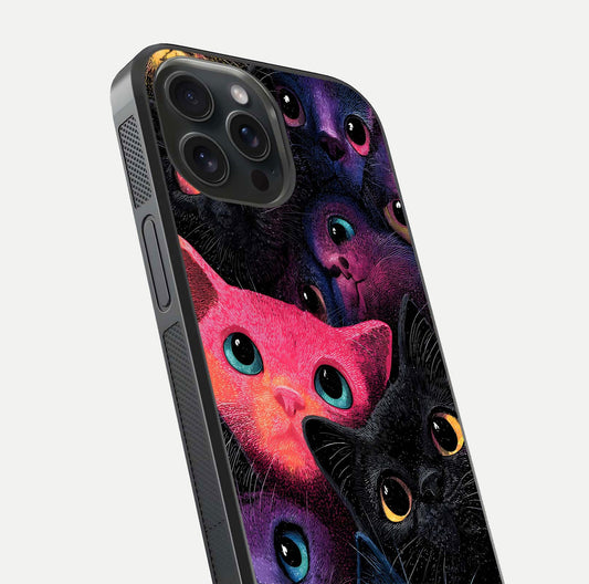 Cosmic Cats Dreams Glass Case for iPhone 15 Pro close-up highlighting cats and cosmic glow reflection