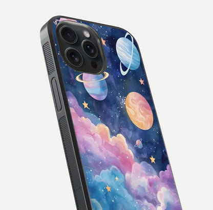 Cosmic Planet Dreams Glass Case for iPhone 15 Pro close-up highlighting planetary details and reflection glow