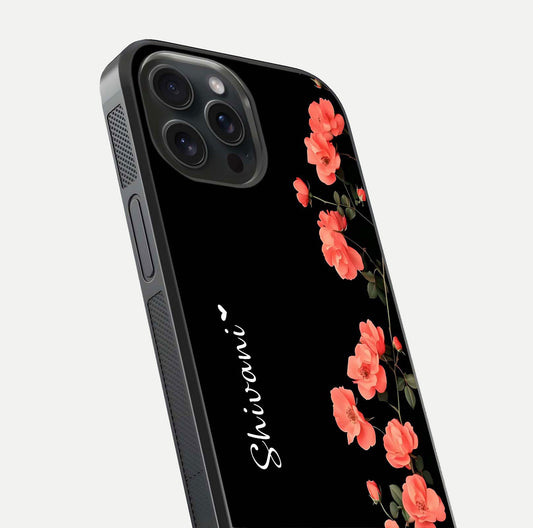 Crimson Bloom Grace Custom Name Glass Case for iPhone 15 Pro close-up highlighting flower pattern and reflection texture