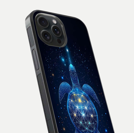 Crimson Blue Turtle Glass Case for iPhone 15 Pro close-up highlighting turtle shell detail and shine reflection