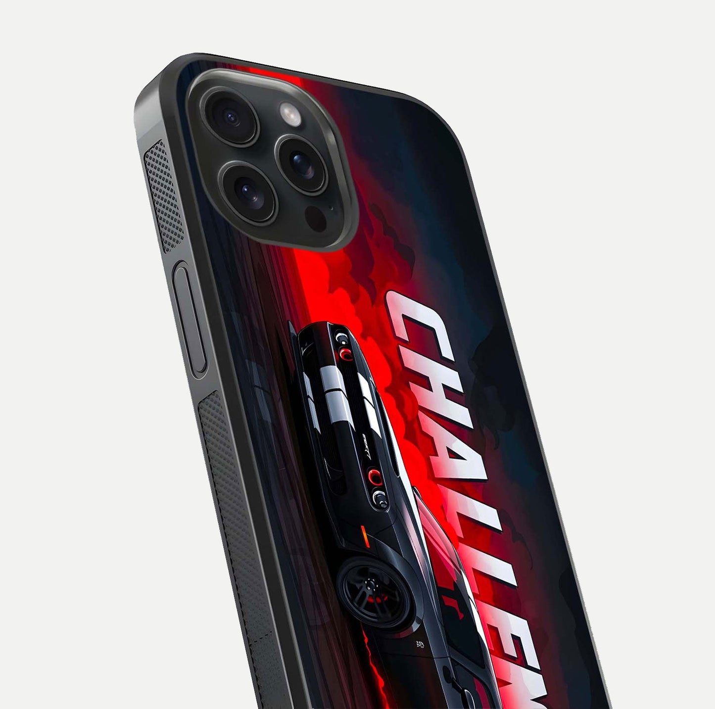 Crimson Challenger Fury Glass Case for iPhone 15 Pro close-up highlighting car details and reflection depth