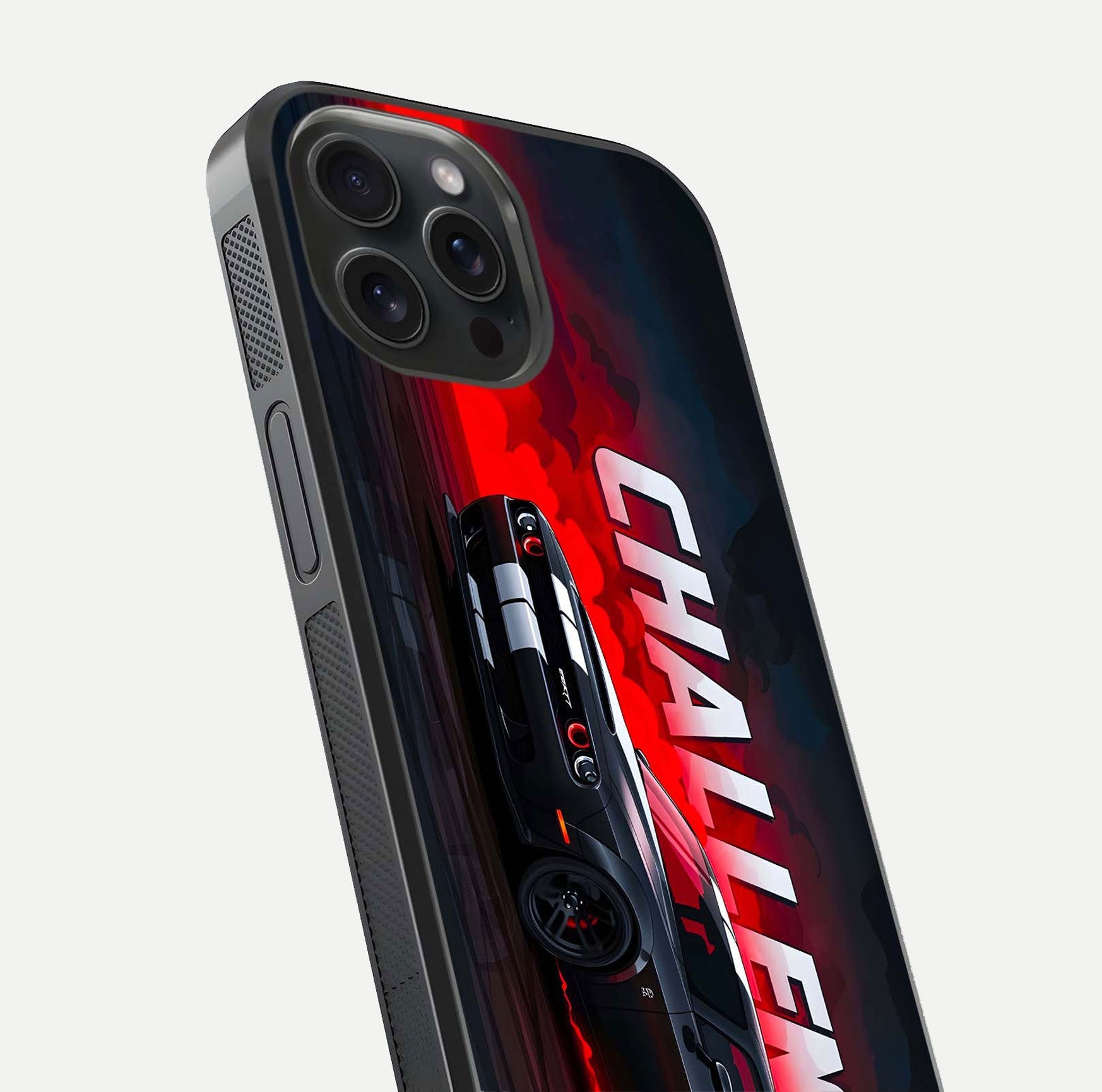 Crimson Challenger Fury Glass Case for iPhone 15 Pro close-up highlighting car details and reflection depth
