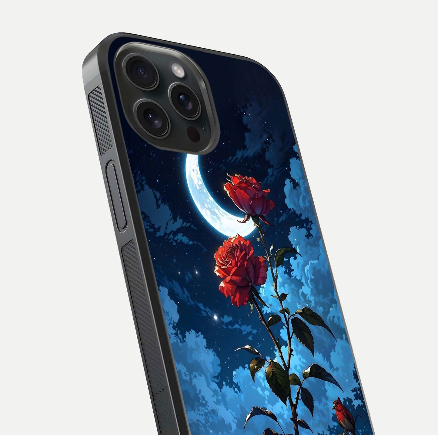 Crimson Rose Moon Glass Case for iPhone 15 Pro close-up showing rose detail and reflection highlight