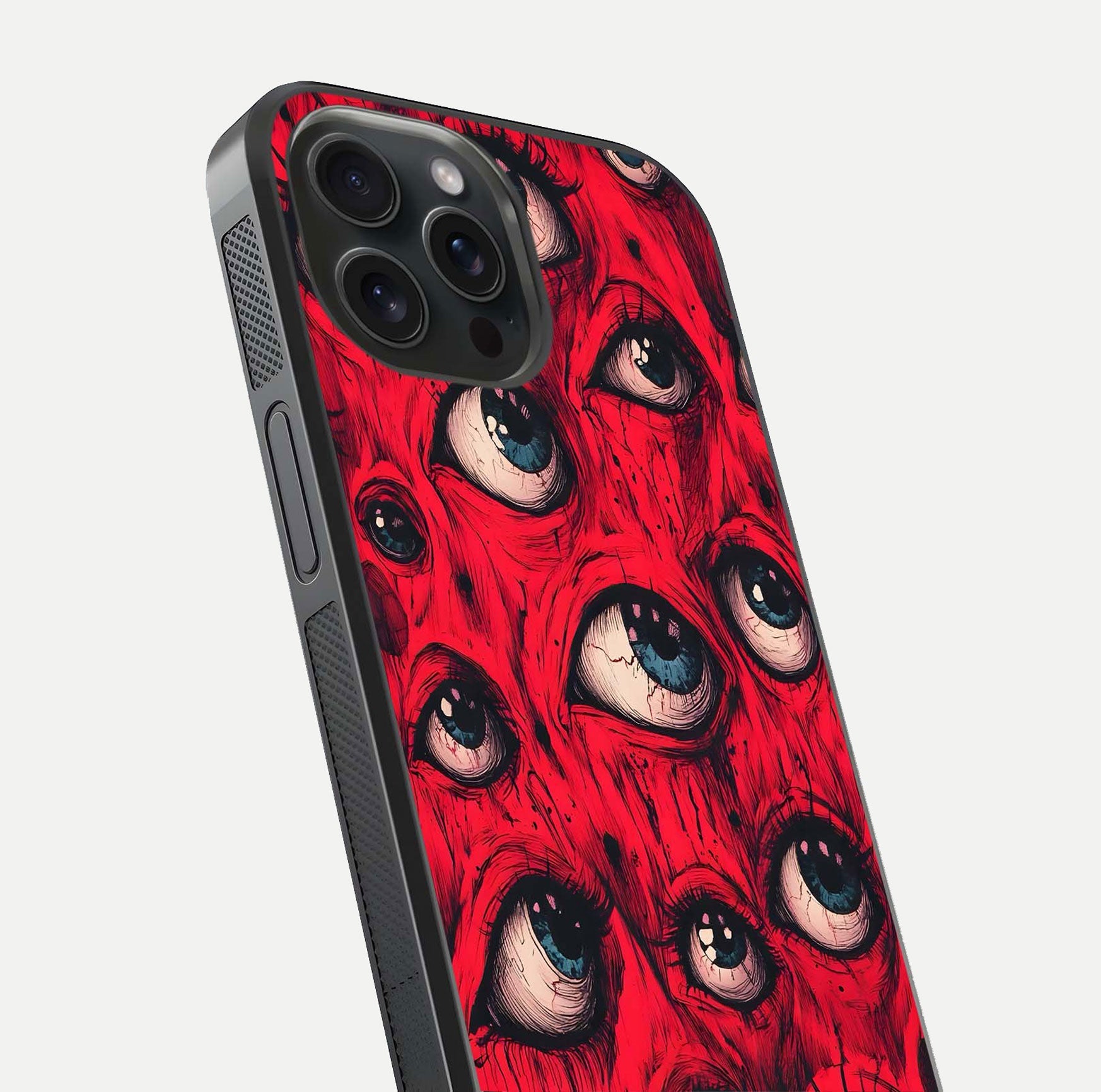 Crimson Watch Eyes Glass Case for iPhone 15 Pro close-up highlighting graphic detail and reflection