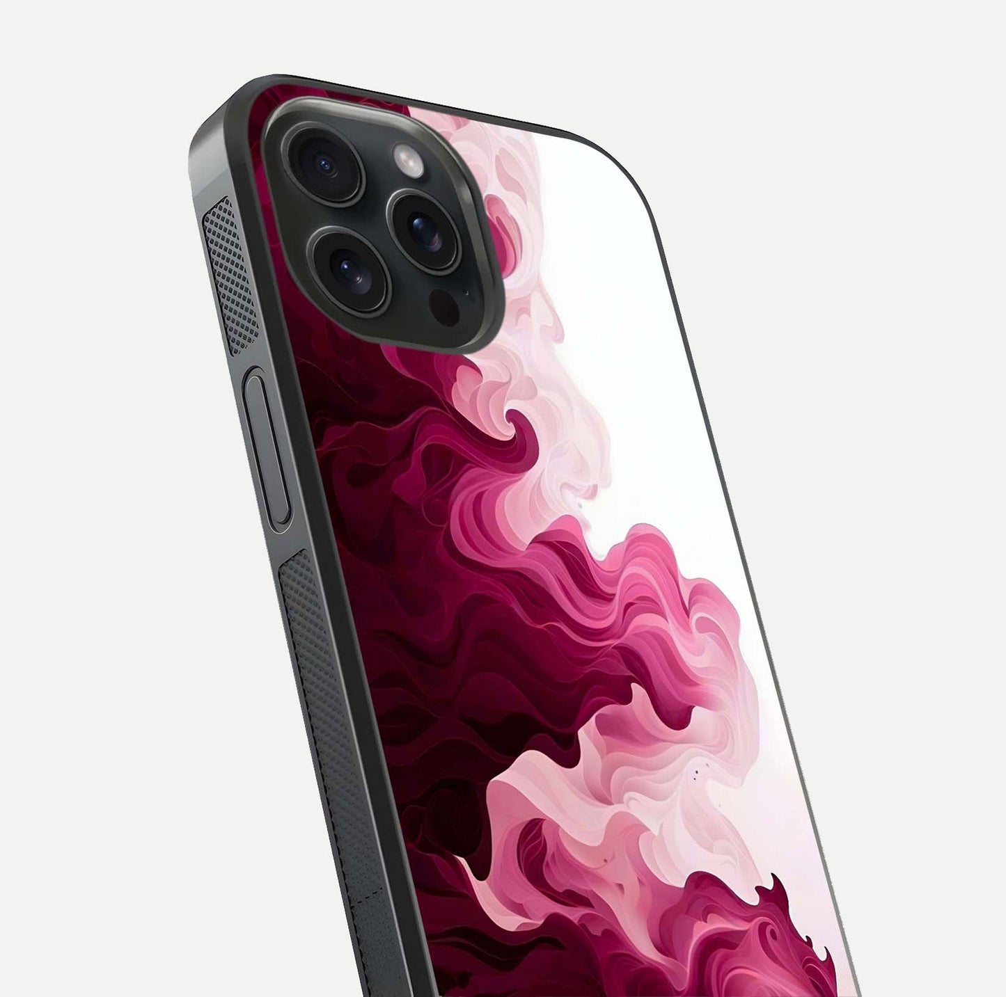 Crimson Wave Flow Glass Case for iPhone 15 Pro close-up highlighting flow texture and reflection tone