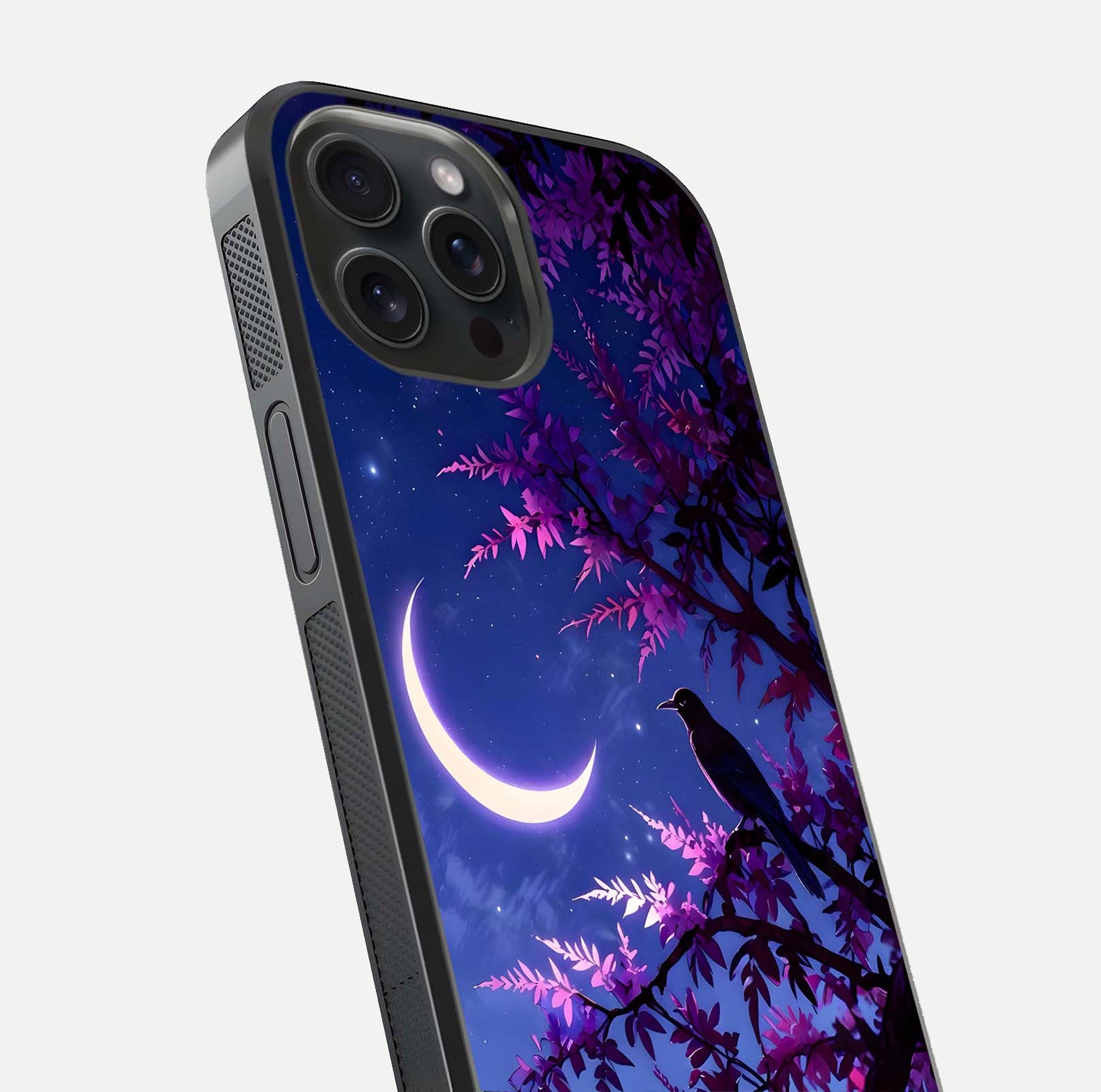 Crow & Moon Scenery Glass Case for iPhone 15 Pro close-up highlighting moon detail, dark tones, and glass reflection