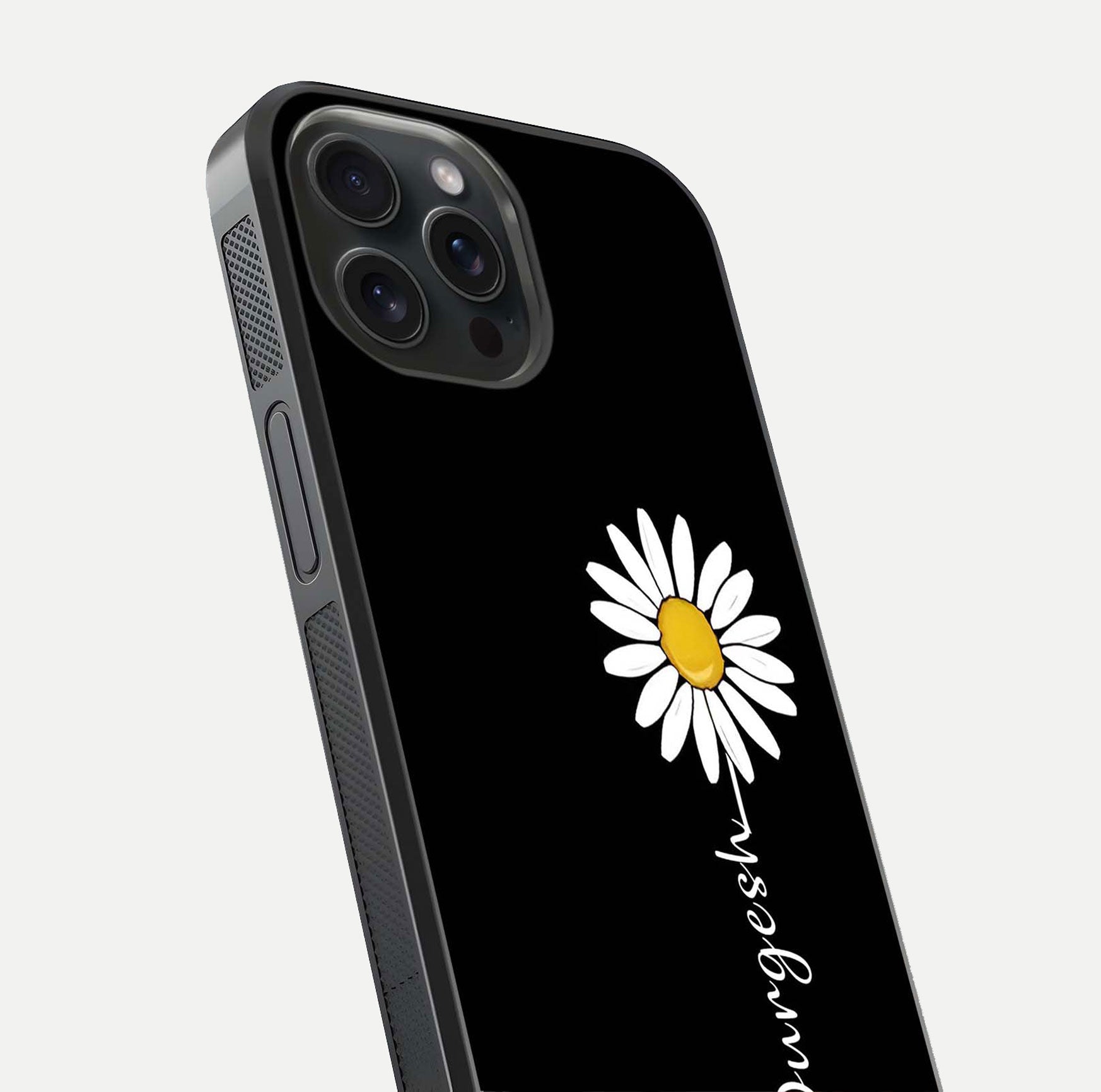 Custom Name White Flower Glass Case for iPhone 15 Pro close-up highlighting petals, name print, and reflection polish