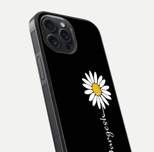 Custom Name White Flower Glass Case for iPhone 15 Pro close-up highlighting petals, name print, and reflection polish
