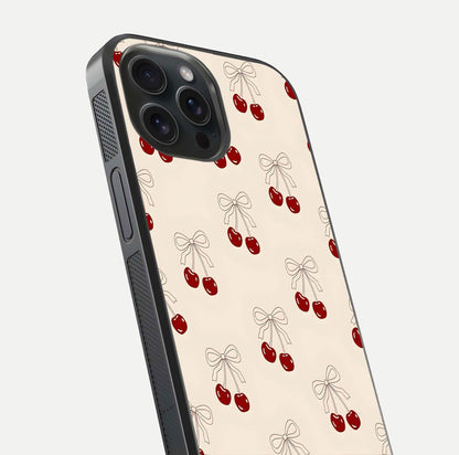 Cute Cherry Pattern Glass Case for iPhone 15 Pro close-up showing cherry cluster details and light reflection