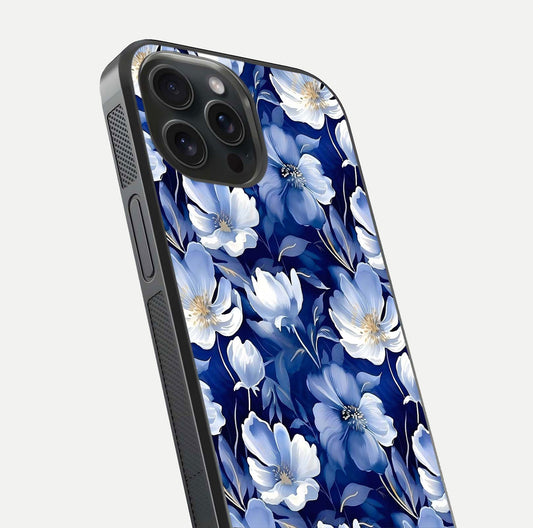 Cute Floral Patterns Glass Case for iPhone 15 Pro close-up highlighting flowers and gloss reflection