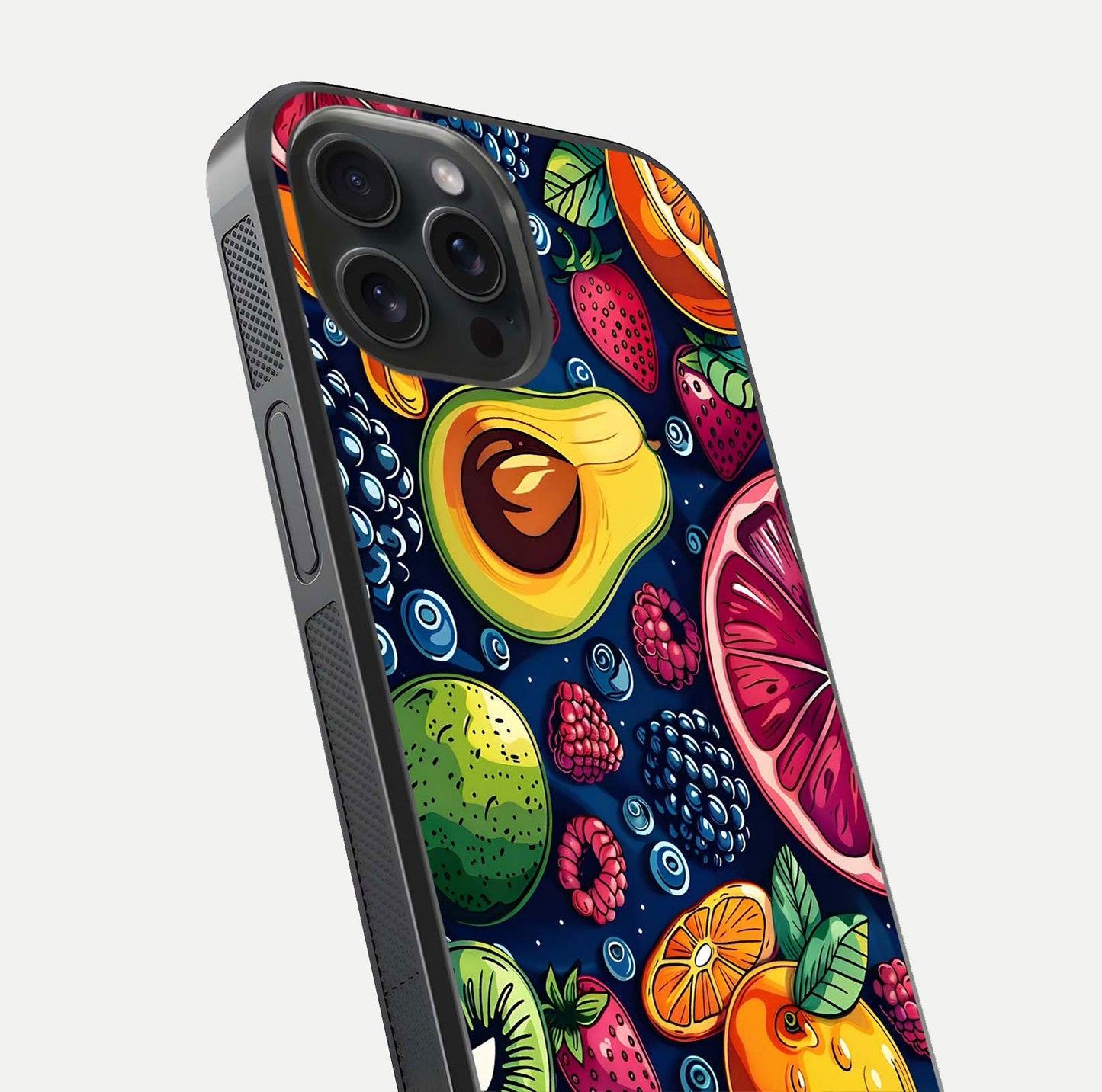 Cute Fruits Art Glass Case for iPhone 15 Pro close-up highlighting fruit shapes, color tones, and reflection polish