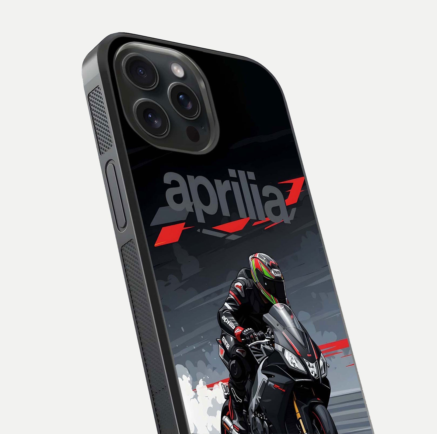 Dark Aprilla Glass Case for iPhone 15 Pro close-up highlighting detailing and reflection effect