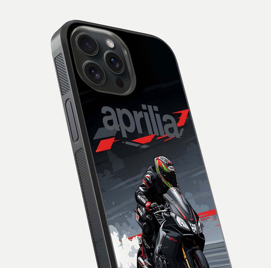 Dark Aprilla Glass Case for iPhone 15 Pro close-up highlighting detailing and reflection effect